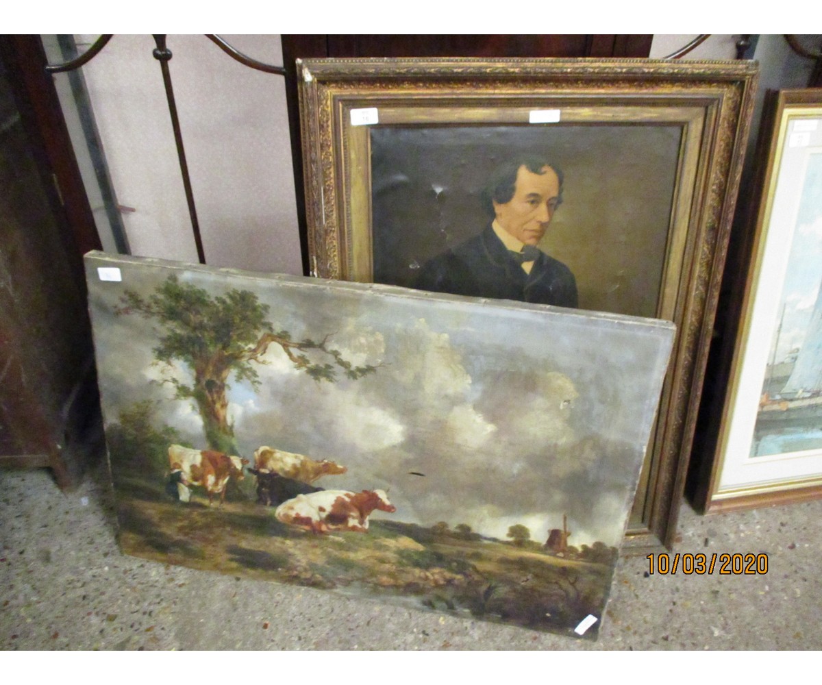 VICTORIAN OLEOGRAPH OF A GENTLEMAN, FURTHER OIL PAINTING DEPICTING GRAZING CATTLE