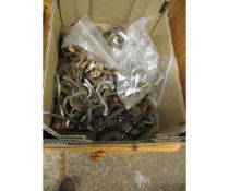 BOX OF VARIOUS COAT HOOKS ETC