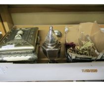 EASTERN BONE MOUNTED TABLE TOP BOX, MIXED FLATWARES, A SILVER PLATED SUGAR CASTER ETC