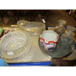TRAY VINTAGE COPPER PAN, DECANTERS, GLASS DISHES ETC