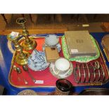 TRAY VARIOUS CUTLERY, SILVER PLATED TOAST RACK, PAIR OF BRASS CANDLESTICKS ETC