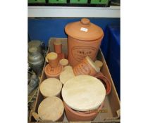 BOX VARIOUS MODERN POTTERY, BREAD CROCK, STORAGE JARS ETC