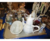 TRAY OF ORIENTAL FIGURES, JELLY MOULD, ETC