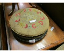AESTHETIC STYLE EBONISED CIRCULAR FOOT STOOL WITH EMBROIDERED SEAT