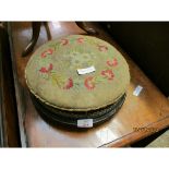 AESTHETIC STYLE EBONISED CIRCULAR FOOT STOOL WITH EMBROIDERED SEAT