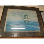 COLOURED PRINT OF A THREE MASTED VESSEL SIGNED IN PENCIL TO MARGIN BY ARTIST