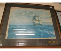 COLOURED PRINT OF A THREE MASTED VESSEL SIGNED IN PENCIL TO MARGIN BY ARTIST