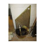 BRASS FIRE SCREEN, COAL HELMET AND FIRE IRONS