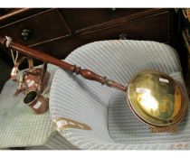 COPPER AND BRASS WARMING PAN, COPPER KETTLE AND MEASURE