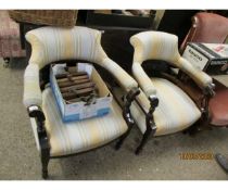 PAIR OF EDWARDIAN STRIPED UPHOLSTERED TUB ARMCHAIRS