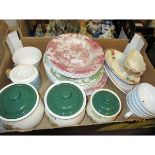 TWO BOXES OF VARIOUS STORAGE JARS, PLATES, ORNAMENTAL EWER ETC