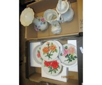 TWO BOXES VARIOUS MODERN FLORAL WALL PLAQUES AND FURTHER CAPO DI MONTE STYLE POTTERY (2)