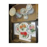 TWO BOXES VARIOUS MODERN FLORAL WALL PLAQUES AND FURTHER CAPO DI MONTE STYLE POTTERY (2)