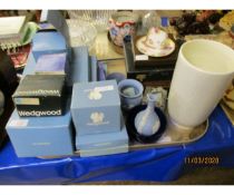 TRAY VARIOUS MODERN WEDGWOOD ITEMS, CASED SETS OF CUTLERY ETC