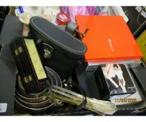 BOX OF VARIOUS SILVER PLATED LADLES, BINOCULARS, ORNAMENTAL ITEMS ETC