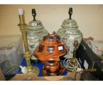 PAIR OF MODERN LARGE TABLE LAMPS, BRASS TABLE LAMP ETC