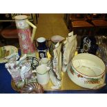 TRAY MAJOLICA JUG, MANTEL CLOCK, EWERS ETC