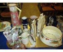 TRAY MAJOLICA JUG, MANTEL CLOCK, EWERS ETC