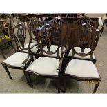 SET OF SIX EDWARDIAN INLAID HEPPLEWHITE STYLE DINING CHAIRS INCLUDES TWO CARVERS AND FOUR SINGLE