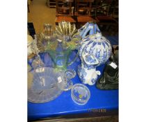 1950S GLASS DISHES, BLUE PRINTED COFFEE POT, THAI TYPE FIGURE LIGHT FITTING ETC