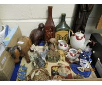 MIXED LOT OF CARVED FIGURES, CAT ORNAMENTS, BOTTLES ETC