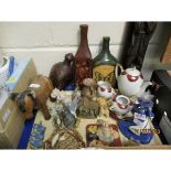 MIXED LOT OF CARVED FIGURES, CAT ORNAMENTS, BOTTLES ETC