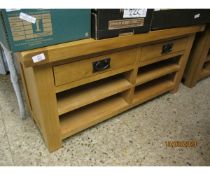 REPRODUCTION LIGHT OAK LOW TABLE WITH TWO DRAWERS OVER SHELVING