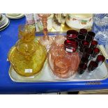 TRAY OF VARIOUS RED GLASS WARE AND DRESSING TABLE SETS