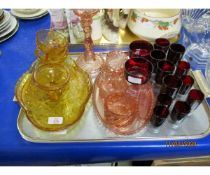 TRAY OF VARIOUS RED GLASS WARE AND DRESSING TABLE SETS