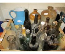 BOX VARIOUS VINTAGE BOTTLES, EARTHENWARE FLAGON ETC