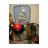 TRAY OF VINTAGE FIRE SCREEN, GLASS WARES, DRESSING TABLE SET ETC