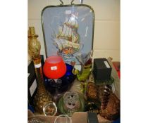 TRAY OF VINTAGE FIRE SCREEN, GLASS WARES, DRESSING TABLE SET ETC