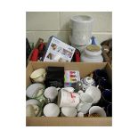 TWO BOXES OF VARIOUS MUGS, CUPS, LIGHT SHADES, TORCHES, BT PHONE ETC