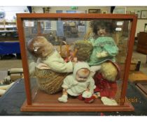 DISPLAY CASE CONTAINING COLLECTION OF VARIOUS COMPOSITION AND OTHER DOLLS