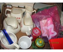 BOX OF VARIOUS BELLS WHISKY WATER JUGS, ALARM CLOCKS ETC