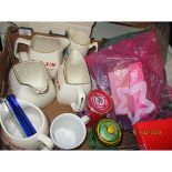 BOX OF VARIOUS BELLS WHISKY WATER JUGS, ALARM CLOCKS ETC