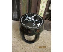 BARREL SHAPED PAINTED AND INLAID SMALL TABLE