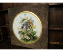 UNUSUAL PAINTED ON GLASS CIRCULAR FLORAL PICTURE