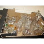 BOX OF GLASS DECANTERS, DRINKING GLASSES ETC