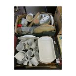 TWO BOXES CONTAINING KITCHEN WARES, CHINA ETC