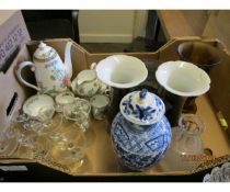 BOX OF COPELAND PART COFFEE SET, GLASS ITEMS, ORIENTAL VASE ETC