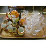 TRAY CONTAINING ETCHED GLASS WARES, JAPANESE TEA WARES ETC