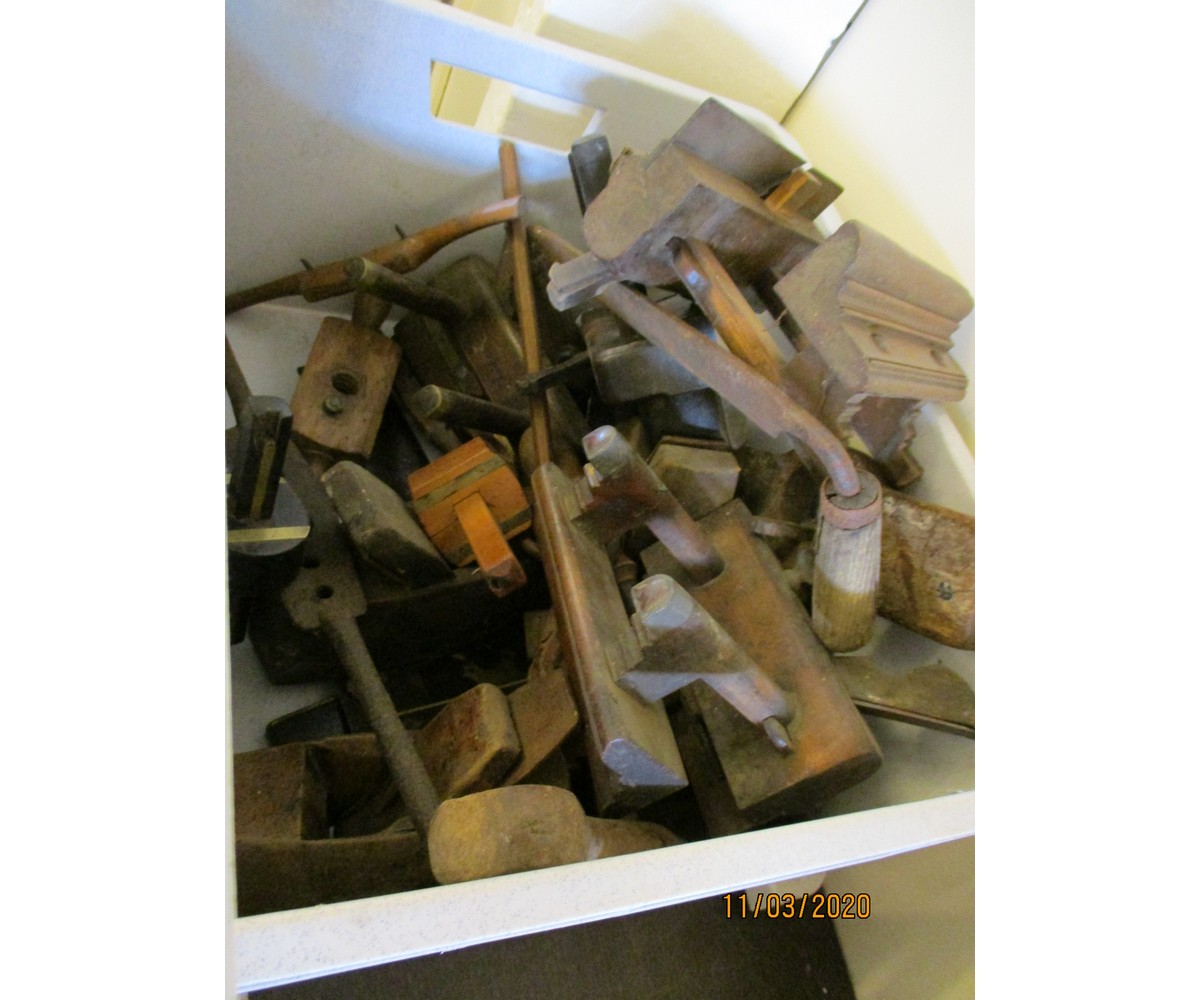 BOX OF COLLECTION OF VARIOUS MOULDING PLANES ETC