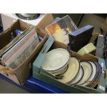 THREE BOXES OF BLUE AND WHITE CHINA, SPELTER FIGURE, 78S ETC