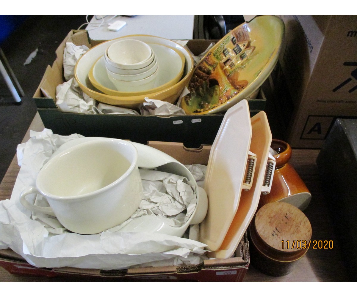 TWO BOXES OF VARIOUS KITCHEN WARE, SLIPPER PAN, CHAMBER POT, PLAQUE ETC