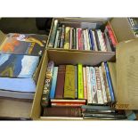 THREE BOXES OF VARIOUS TRAVEL BOOKS, NOVELS, QUILTING BOOKS ETC