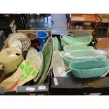 TWO BOXES OF GREEN GLAZED VASES, CERAMICS ETC