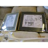 VINTAGE FRAMED CARTOON AND PORTRAIT OF A GIRL