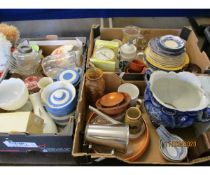 THREE BOXES OF VARIOUS CERAMICS, CLOCK, STORAGE JARS, GLASS WARE ETC