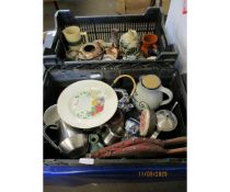 TWO BOXES OF BELLOWS, METAL WARE, POTTERY ETC